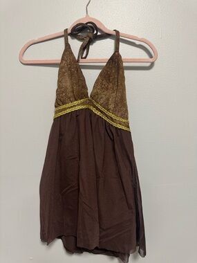 Y2K Euro Summer Brown Halter Tie Top With Gold Glitter Accents